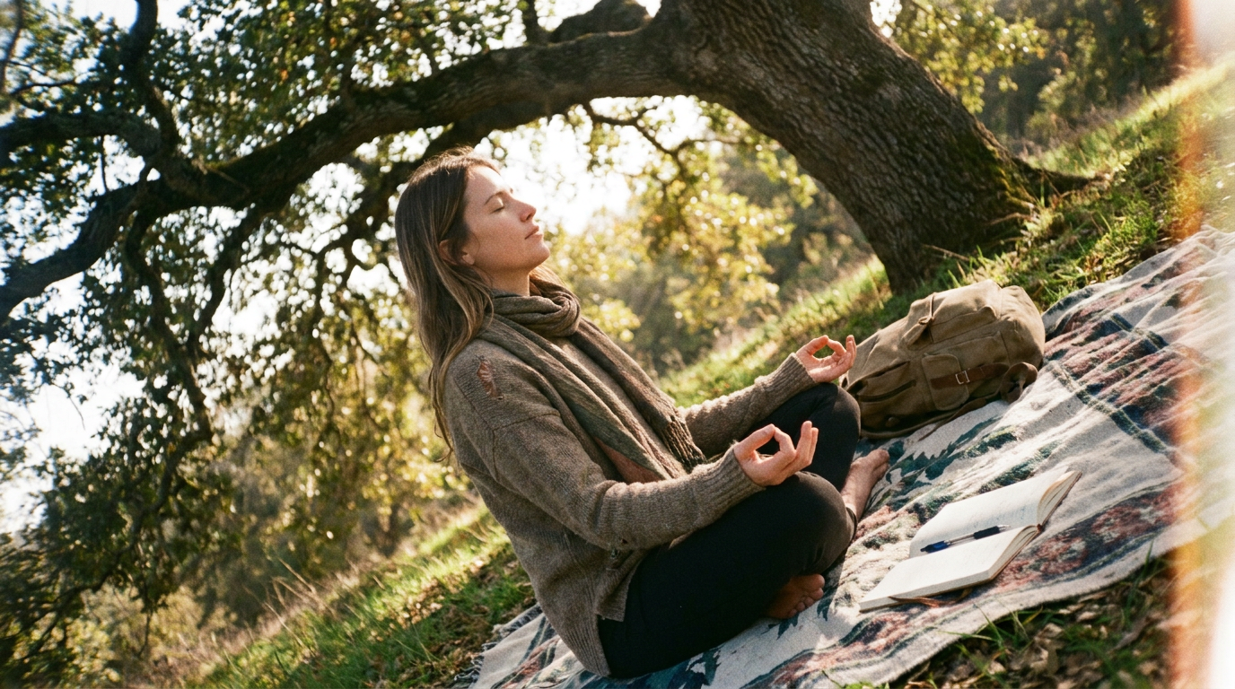 A woman managing her stress through meditating