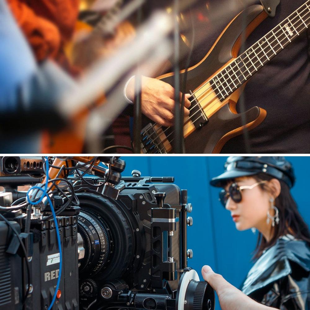 A split image showing a professional muscian playing bass guitar and a female actor being filmed, showing examples of professionals who may be in need of a sober companion service