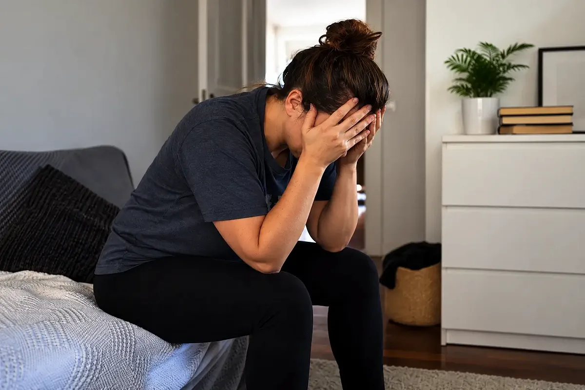 Stressed person sitting alone with head in hands